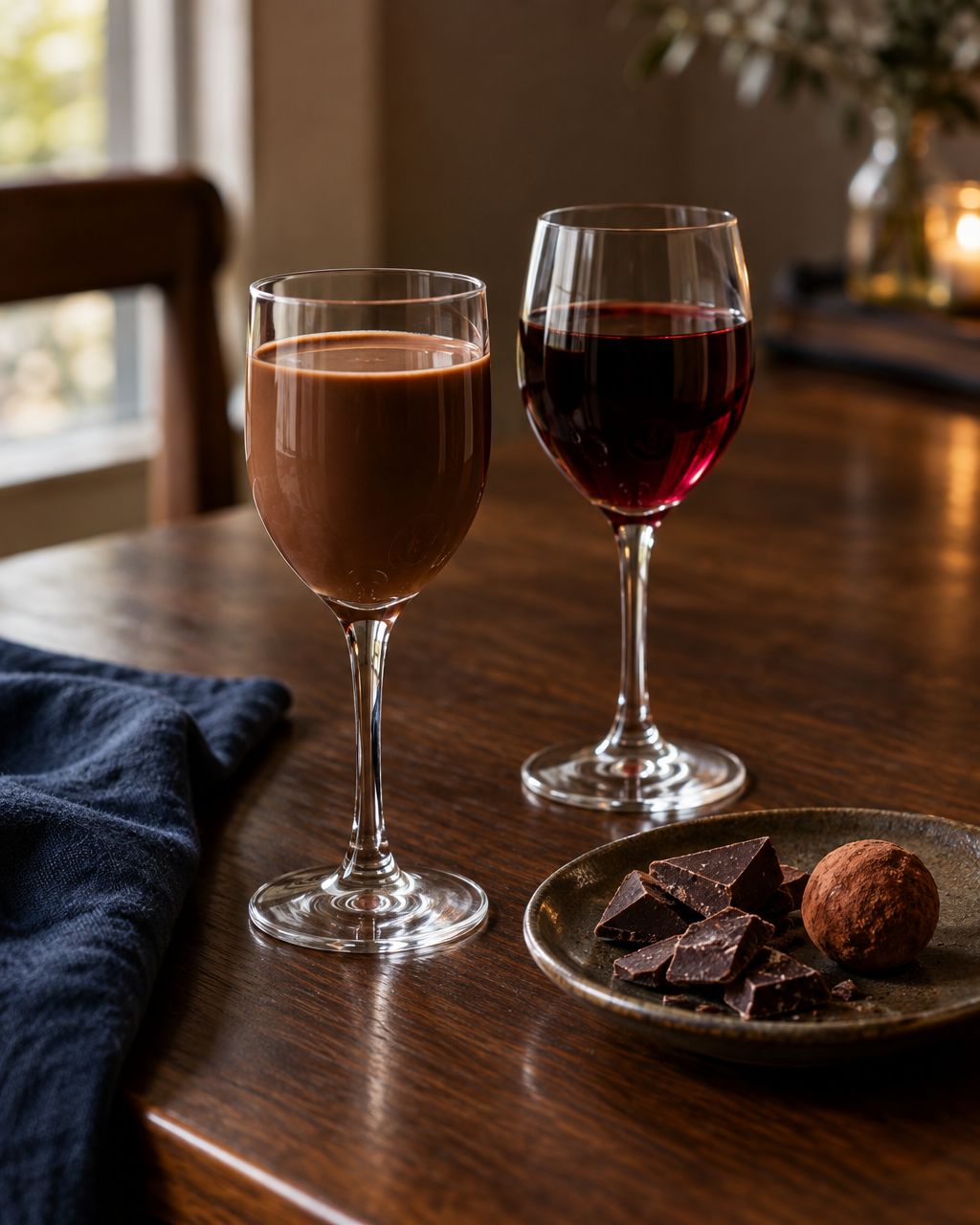 Creamy chocolate dessert wine and red wine beside dark chocolate and a cocoa-dusted truffle.