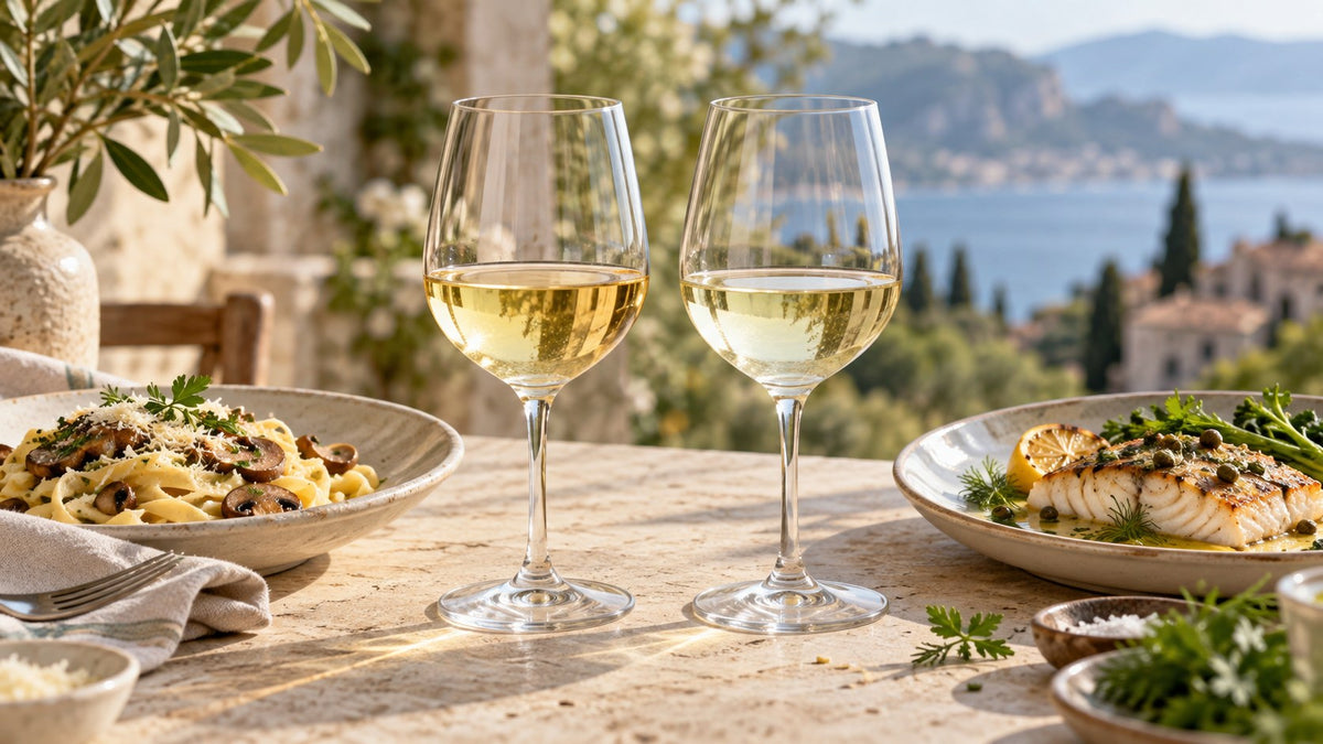 Illustrative white-wine pairing scene with two glasses, creamy mushroom pasta and lemon-herb fish