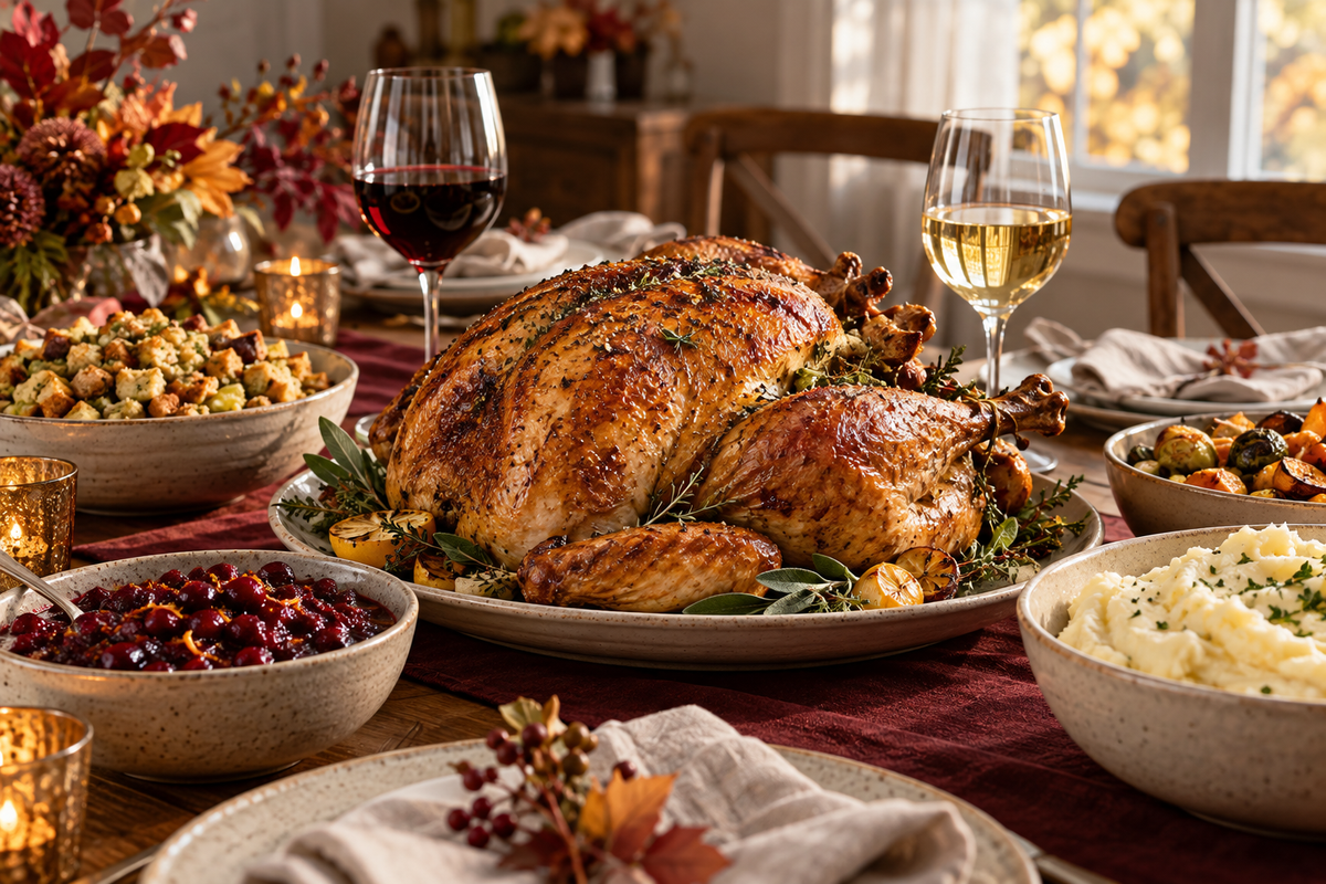 Roast turkey, Thanksgiving side dishes, and glasses of red and white wine on an autumn dinner table