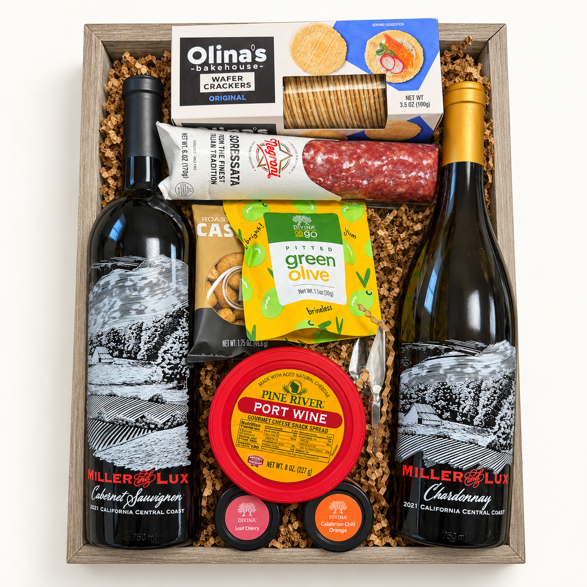 Gray Wooden Gift Basket with Miller and Lux Cabernet Sauvignon and Chardonnay, gourmet foods and an Acopa cheese knife.