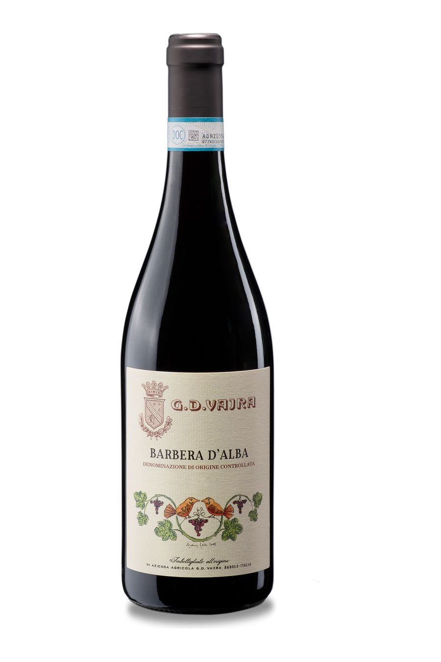 G.D. Vajra Barbera d’Alba bottle with cream label and illustrated birds