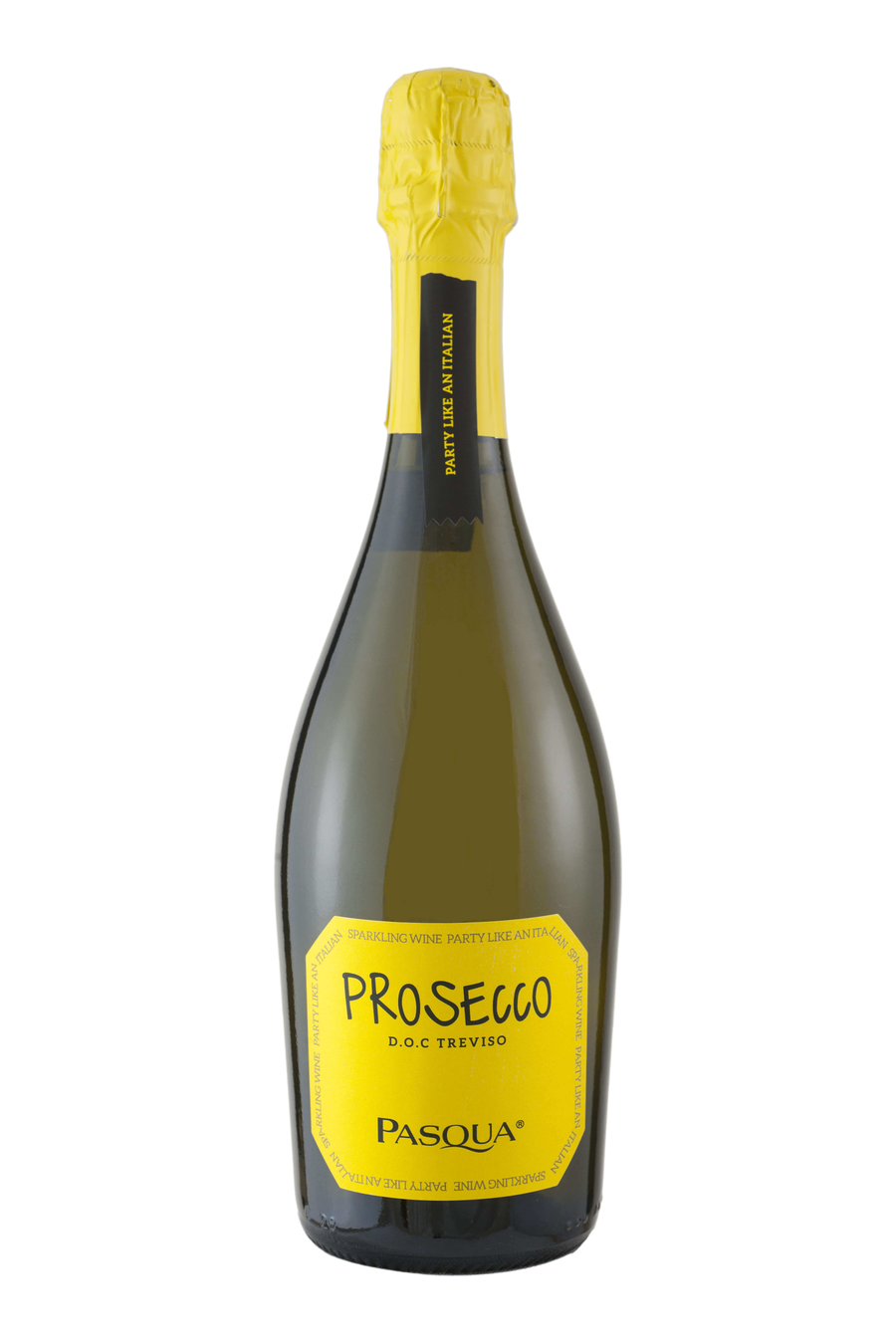 Pasqua Party Like an Italian Prosecco DOC Treviso bottle with yellow label and foil
