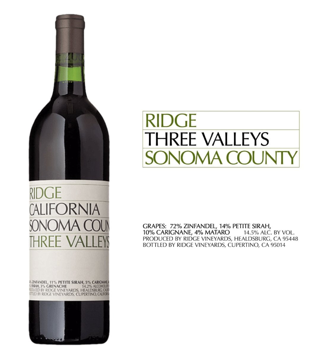 DAMAGED LABEL: Ridge Three Valleys Sonoma Red Wine 2020 (750 ml)