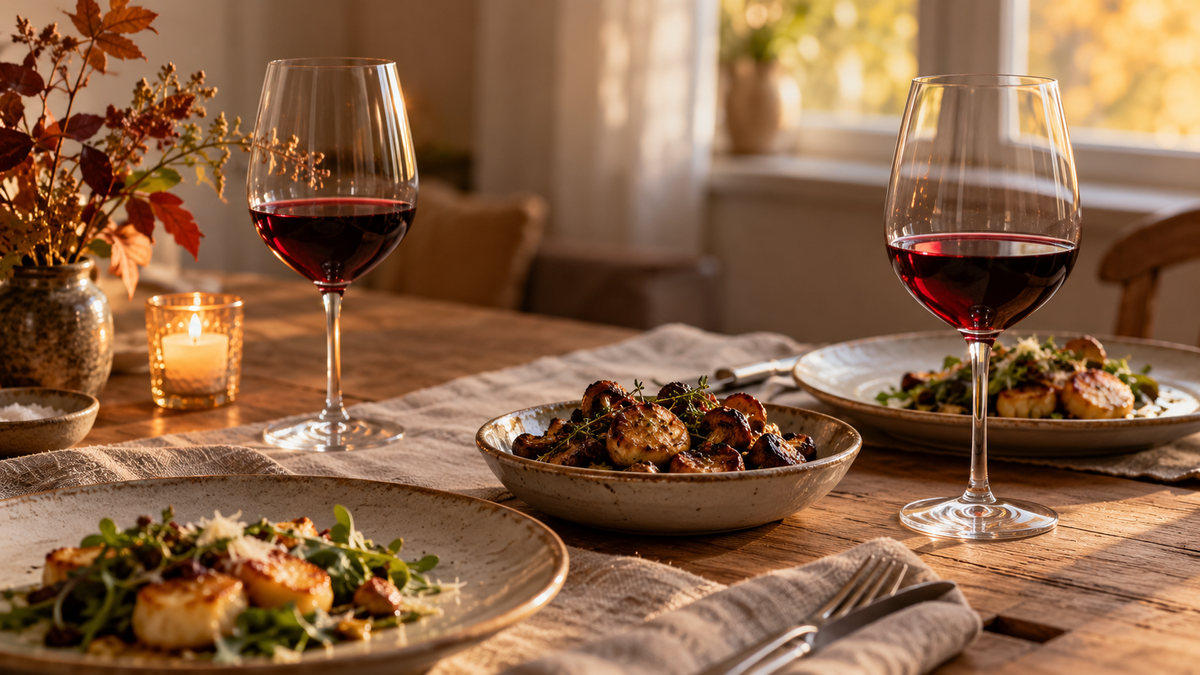 Two glasses of red wine beside roasted mushrooms at an autumn dinner table