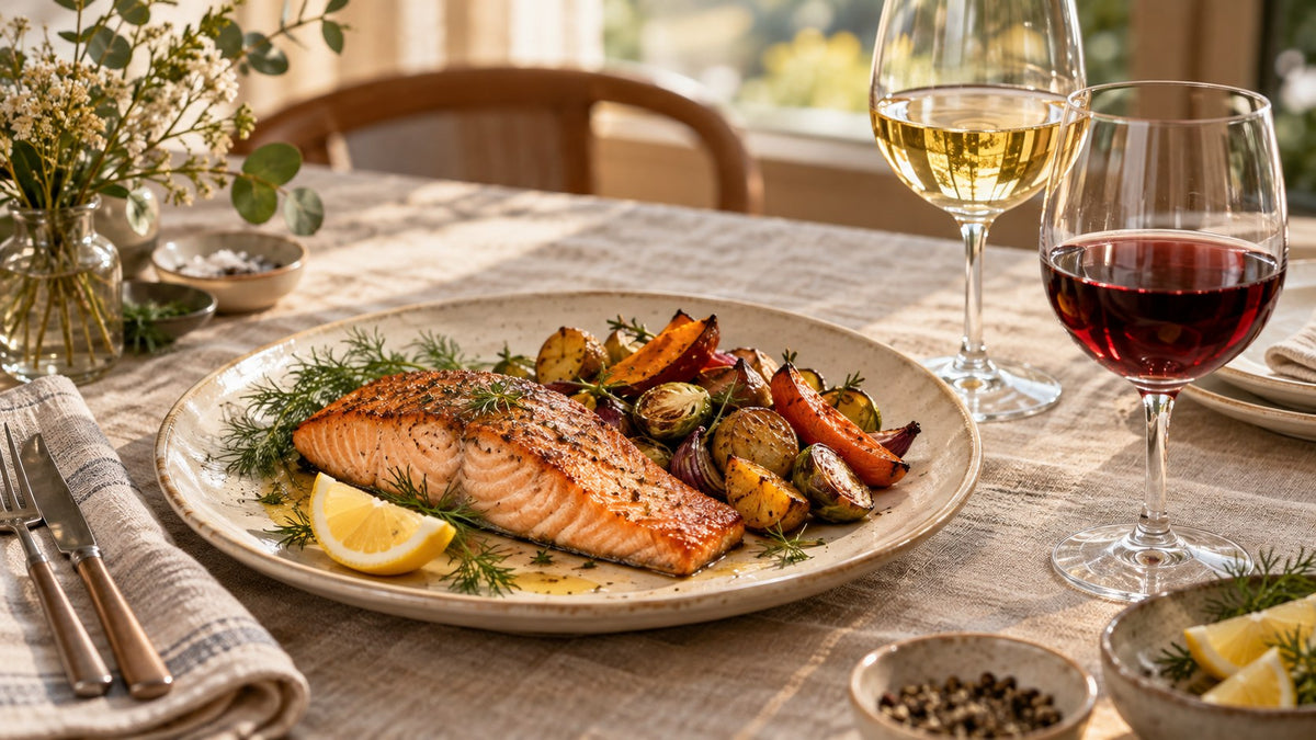Illustrative salmon dinner with lemon, dill, roasted vegetables, and glasses of red and white wine