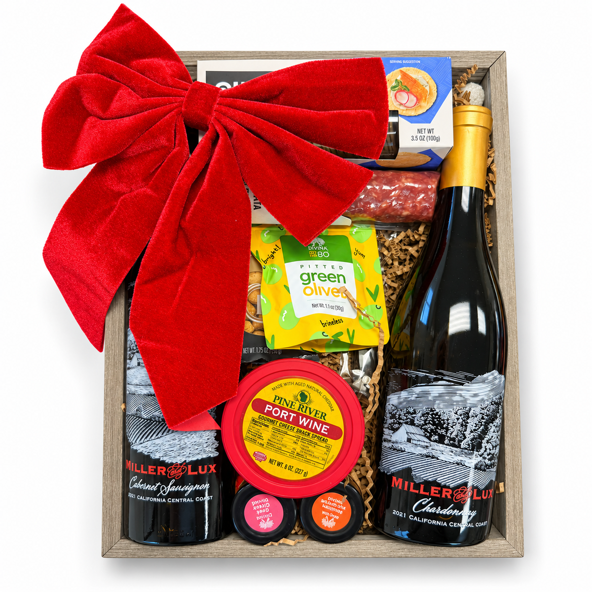 Gray Wooden Gift Basket with a red bow, two Miller and Lux wine bottles and gourmet foods on a clean white background.