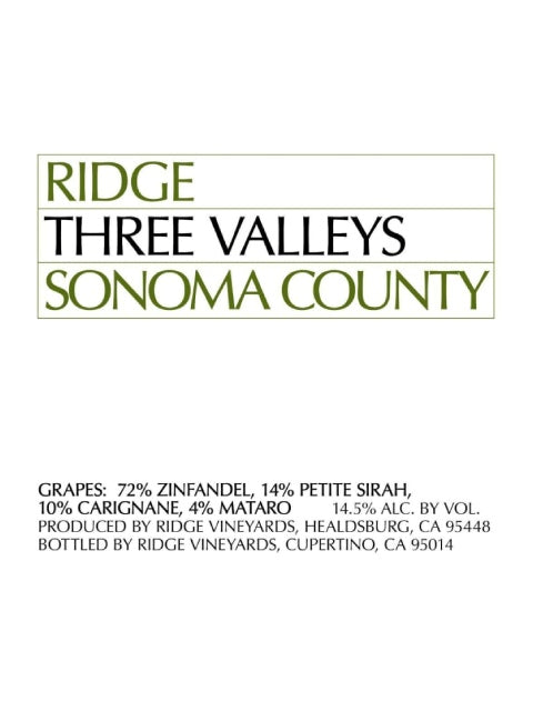 DAMAGED LABEL: Ridge Three Valleys Sonoma Red Wine 2020 (750 ml)