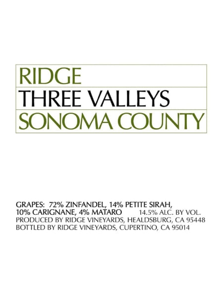 Wine Red - Ridge Vineyards, Three Valleys Zinfandel - Sonoma County,  California